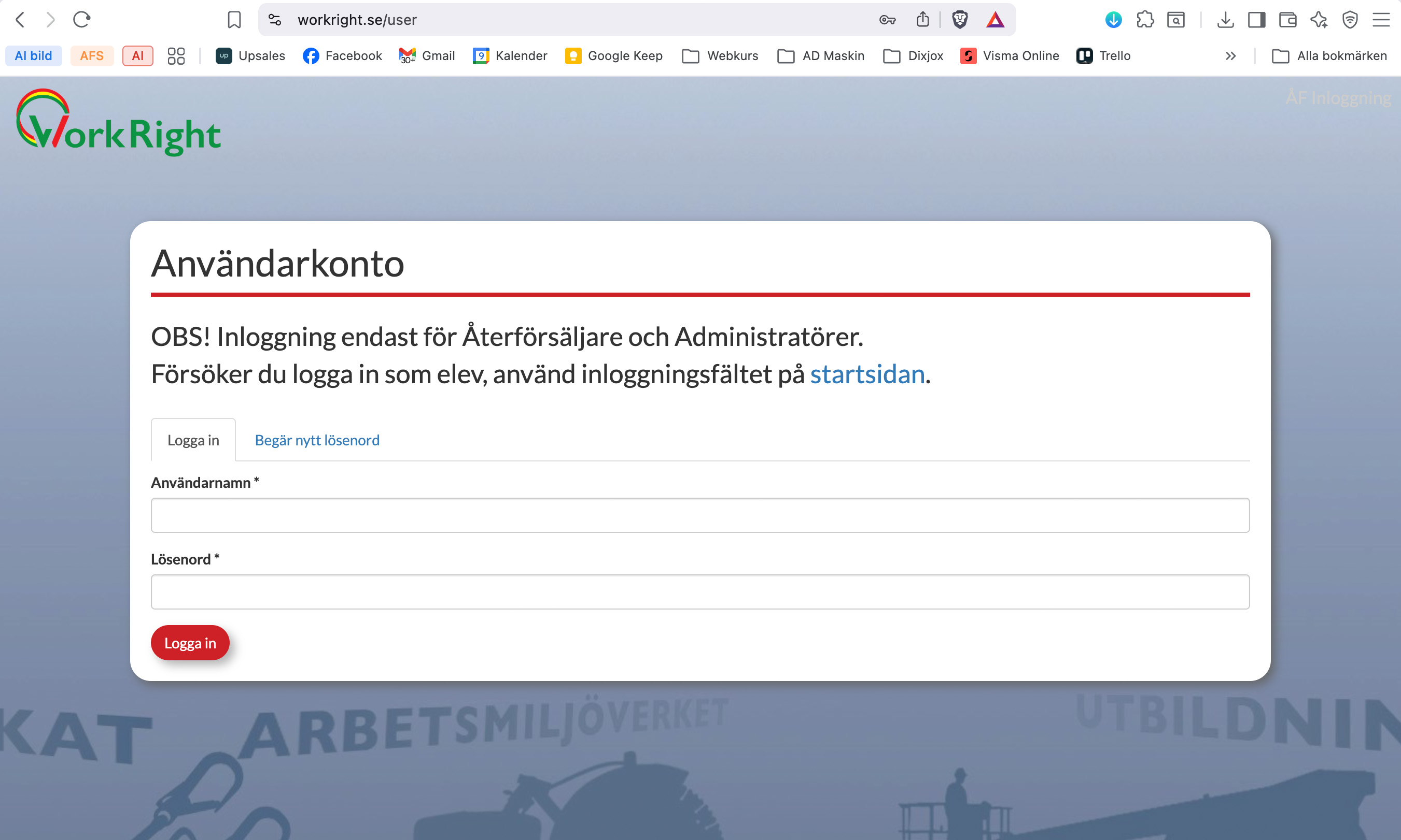 WorkRight återförsäljarsystem – inloggningssida